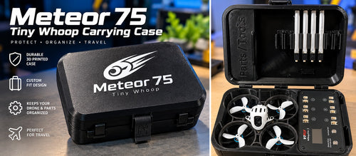 Illustrative promotional graphic of a Meteor75 Tiny Whoop carrying case, showing open and closed views
